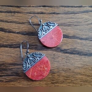 Vintage 925 Stamped Round Red Coral & Engraved Sterling Dangle Earrings